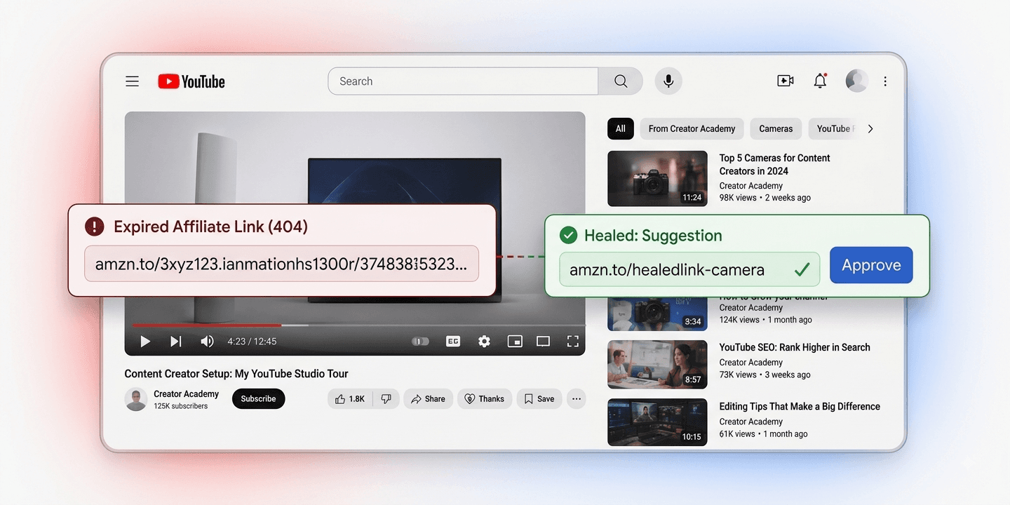 A YouTube video description showing a broken affiliate link flagged 404 Not Found next to a suggested working replacement link with an Approve action
